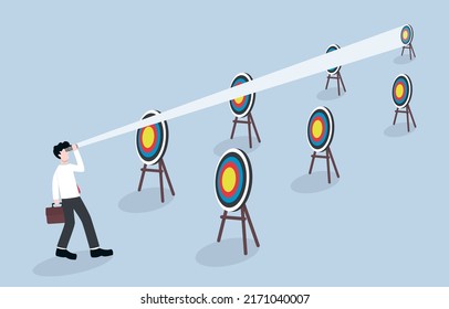 Focusing on long term business goal or investment, using more planing, more time, and more strategy for solid success concept. Confident businessman using binoculars to look at distant target.