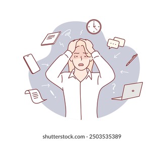 Focusing on problems. Work pressure. Too many thoughts in mind. Stress and anxiety. Hand drawn style vector design illustrations.