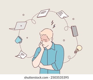 Focusing on problems. Work pressure. Too many thoughts in mind. Stress and anxiety. Hand drawn style vector design illustrations.