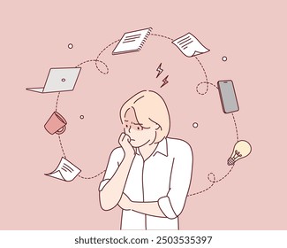 Focusing on problems. Work pressure. Too many thoughts in mind. Stress and anxiety. Hand drawn style vector design illustrations.