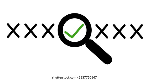 Focusing on the right choice concept. Magnifying glass focusing on the right symbol next to wrong cross icons.
