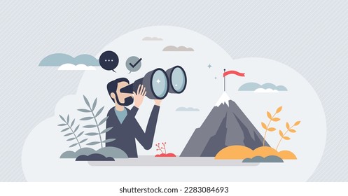 Focusing on target and business challenge objective tiny person concept. Successful peak and top seeking vector illustration. Concentration on career future, improvement and opportunity. Find solution