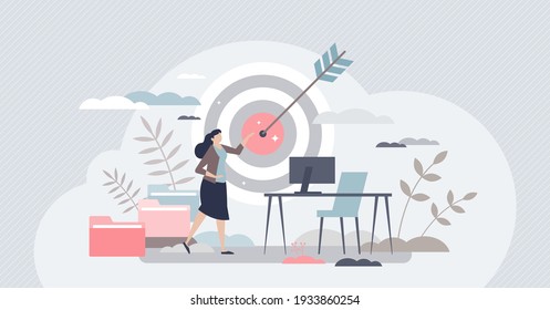 Focusing On Work Goal And Best Task Performance Results Tiny Person Concept. Success Score For Female Business And Career Vector Illustration. Complete Objective As Target Accuracy And Precise Shot.