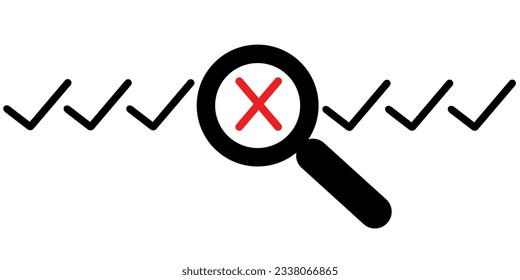 Focusing on the wrong cross choice concept. Magnifying glass focusing on the wrong cross symbol next to right icons.