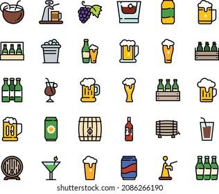 Fodd color icon set - beer, drink, grape, mug, box, barrel, glass, irish coffee, cocktail, soda, coconut, wine bottle, whiskey, ice bucket, cup, aluminium, pack, foam, tap, bottles