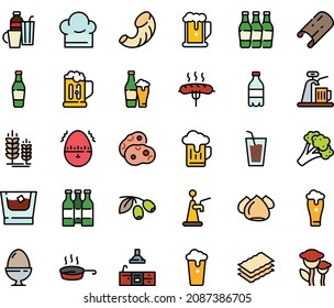 Fodd color icon set - beer, milk bottle, drink, olives, spike, meringue, sausage on fork, chef hat, pan, kitchen, egg stand, timer, drinks, mug, whiskey, glass, cup, tap, bottles, broccoli, cinnamon