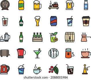 Fodd color icon set - beer, drink, coffee to go, tea ceremony, green, cup, barrel, glass, champagne, cocktail, mill, tree, pot, fork spoon knife plate, turkish, kettle, thermo flask, soda, smoothies