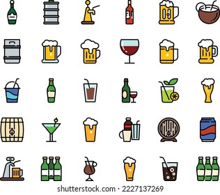 Fodd color icon set - beer, drink, wine, mug, barrel, glass, champagne, cocktail, irish coffee, drinks, soda, coconut, bottle, smoothies, cup, keg, foam, tap, bottles