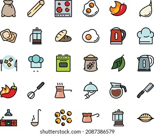 Fodd Color Icon Set - Bread, Hot Pepper, Chef Hat, Ravioli, Omelette, Dish Dome, Cheese Plate, French Press, Turkish Coffee, Kitchen, Whisk, Kettle, Ladle, Stove, Top View, Knife, Pot, Flour Bag