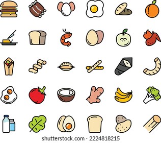 Fodd color icon set - bread, burger, burito, shrimp, temaki, omelette, butter knife, milk bootle and pack, ribs, hot chicken wing, egg, eggs, yolk, piece, baguette, potato, broccoli, tomato, banana