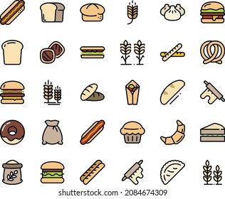 Fodd color icon set - Burger, Spike, Brot, Hot Dog, Sandwich, Burito, Dim sum, Kalk, Brezel, Donut, Croissant, Baguette, Rollstift, Stück, Mehlbeutel, Stacheln, Sandwich, Muffin, Kekse, Weizen