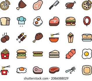 Fodd color icon set - burger, meat, sandwich, french fries, pizza, burito, fried chiken leg, lunch box, chinese pasta, funchose, kebab, chef hat, fork with, steak, omelette, sausage, ham, chicken