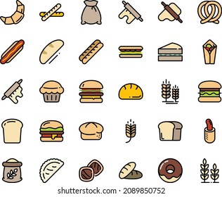 Juego de iconos de color de los ingredientes: hamburguesa, espiga, pan, hot dog, sándwich, burito, pasta y alfiler, calsona, pretzel, donut, cruasán, baguette, francés, pieza, bolsa de harina, sándwich, muffin, galletas, trigo