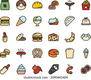 Fodd color icon set - burger, bread, french fries, donut, hot dog, ice cream, dim sum, shrimp, temaki, calsone, cheese, panna cotta, sausage on fork, pretzel, pate can, croissant, bakery, cupcake