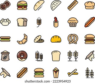 Fodd color icon set - burger, spike, bread, hot dog, sandwich, burito, dim sum, calsone, pretzel, donut, croissant, baguette, french, rolling pin, piece, flour bag, spikes, muffin, cookies, wheat