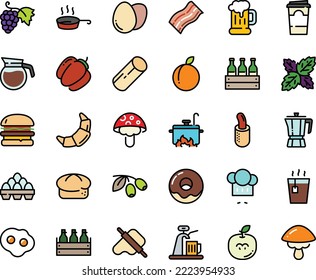 Fodd color icon set - burger, hot tea, chef hat, dough and rolling pin, olives, coffee pot, grape, bread, beer mug, box, donut, croissant, french dog, sowbelly, pan, cooking, egg, omelette, pack
