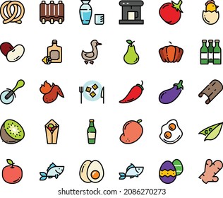 Fodd color icon set - burito, fish, rice vodka, pizza roll knife, lemoncello, pretzel, omelette, cheese plate, goose, coffe maker, ribs, hot chicken wing, chick egg, eggs yolk, easter, beer bottle