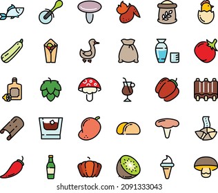Fodd color icon set - burito, ice cream horn, fish, fortune cookie, rice vodka, pizza roll knife, lemoncello, goose, irish coffee, ribs, hot chicken wing, chick egg, whiskey, flour bag, tacos bread