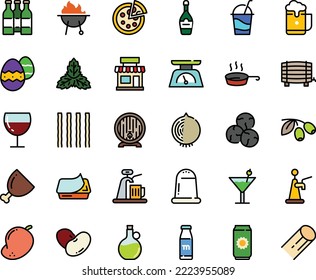 Fodd color icon set - cafe, pizza, olives, olive oil, beer barrel, pate can, champagne, wine glass, cocktail, ham, bbq, pan, kitchen scales, easter egg, milk bottle, aluminium, foam, tap, beans