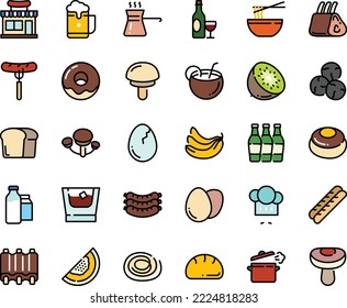 Fodd color icon set - cafe shop, sausage on fork, funchose, chef hat, wine, sausages, donut, baguette, milk bootle and pack, ribs, cooking pan, egg, broaken, turkish coffee, coconut cocktail, bread