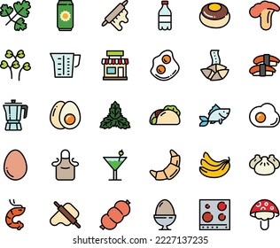 Fodd color icon set - cafe, milk bottle, tacos, dim sum, fortune cookie, sashimi, shrimp, dough and rolling pin, coffee pot, omelette, croissant, sausage, fish, apron, stove top view, beaker, egg