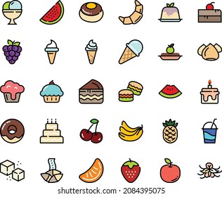 Fodd color icon set - cherry cake piece, cupcake, watermelon, ice cream horn, fortune cookie, panna cotta, donut, croissant, charlotte, cocktail, meringue, refined sugar, big, macarons, cheesecake