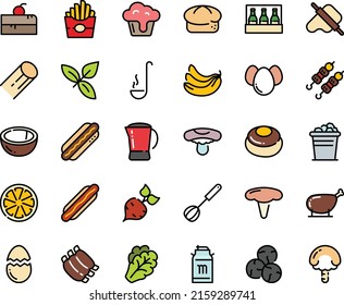 Fodd color icon set - cherry cake piece, hot dog, french fries, kebab, dough and rolling pin, basil, bread, milk tank, coffee pot, ribs, chicken leg, whisk, ladle, broaken egg, eggs, ice bucket