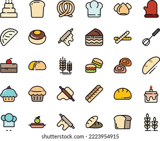 Fodd color icon set - cherry cake piece, chief hat, cupcake, bread, chef, dough and rolling pin, calsone, pretzel, spike, baguette, charlotte, meringue, bakery, whisk, cooking glove, big, muffin