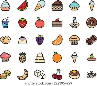 Fodd color icon set - cherry cake piece, cupcake, ice cream horn, fortune cookie, panna cotta, donut, croissant, charlotte, cocktail, meringue, refined sugar, big, muffin, macarons, cookies, orange