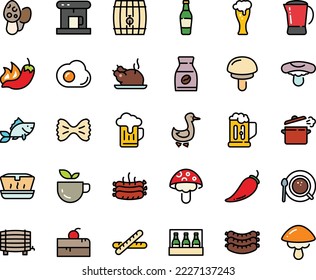 Fodd color icon set - cherry cake piece, green tea, hot pepper, lunch box, chinese chicken, sausages, beer glass, goose, coffe maker, coffee top view, instant, pot, roasted, fish, cooking pan, mug