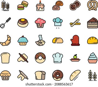 Fodd color icon set - chief hat, cupcake, donut, fortune cookie, chef, dough and rolling pin, pretzel, spike, croissant, charlotte cake, bakery, whisk, cooking glove, bread piece, baguette, muffin