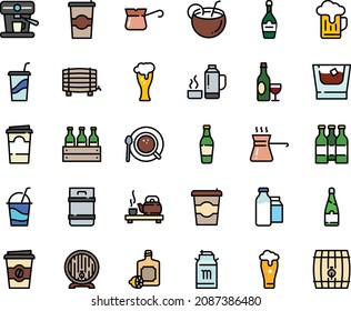 Fodd color icon set - coffee to go, drink, tea ceremony, lemoncello, wine, milk tank, beer barrel, glass, champagne, cocktail, top view, turkish, machine, bootle and pack, thermo flask, coconut, box