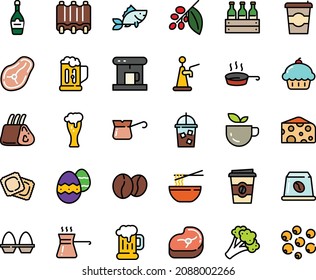 Fodd color icon set - coffee to go, cupcake, green tea, funchose, cheese, ravioli, beer mug, glass, champagne, coffe maker, iced, turkish, tree, beans, capsule, meat, fish, steak, ribs, pan, easter