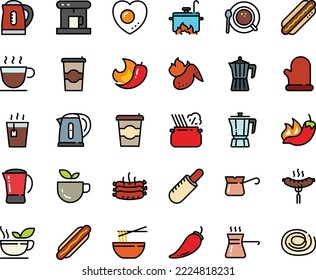 Fodd color icon set - coffee to go, green tea, hot dog, pepper, french, funchose, pasta in pan, pot, sausage on fork, cup, coffe maker, top view, turkish, roasted sausages, chicken wing, kettle