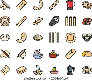 Fodd color icon set - dim sum, octopus soup, fortune cookie, sashimi, sushi roll, temaki, dough and rolling pin, ravioli, pretzel, charlotte cake, julienne, coffee pot, tacos bread, penne, bucatini