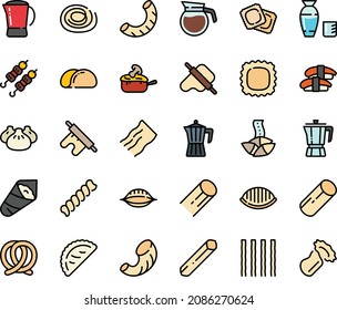 Fodd color icon set - dim sum, fortune cookie, sashimi, kebab, rice vodka, temaki, dough and rolling pin, calsone, coffee pot, ravioli, pretzel, julienne, tacos bread, penne, orecchiette, conchiglie
