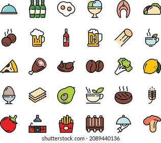 Fodd color icon set - dish dome, spike, french fries, tacos, pizza piece, green tea, ham, ice cream, coffee beans, chicken, fish steak, cutlet, meatballs, ribs, kitchen, egg stand, omelette, bottles
