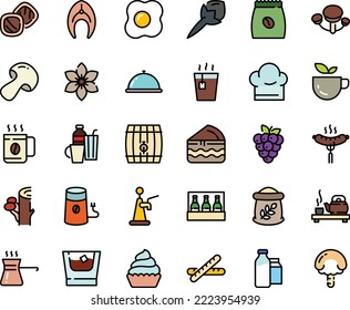 Fodd color icon set - dish dome, green tea, hot, ceremony, sausage on fork, cupcake, coffee mill, pack, milk bootle and, fish steak, chef hat, omelette, drinks, turkish, whiskey, cup, baguette, beer