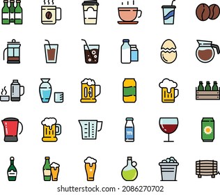 Fodd color icon set - drink, to go, rice vodka, olive oil, coffee cup, beer mug, box, champagne, wine glass, beans, milk bootle and pack, pot, beaker, broaken egg, french press, thermo flask, bottle