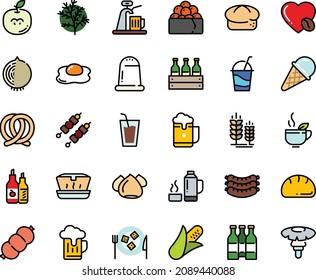 Fodd color icon set - drink, lunch box, green tea, gunkan, ice cream, sausages, bread, pretzel, spike, ketchup, cocktail, cheese plate, meringue, coffee love, sausage, kebab, omelette, thermo flask