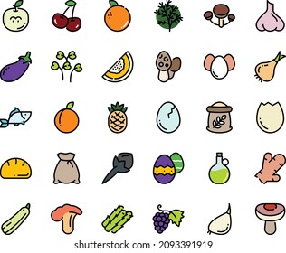 Fodd color icon set - fish, olive oil, grape, broaken egg, eggs, easter, bread, flour bag, asparagus, onion, eggplant, garlic, squash, cherry, plum, melon, orange, apple seeds, pineapple, cloves