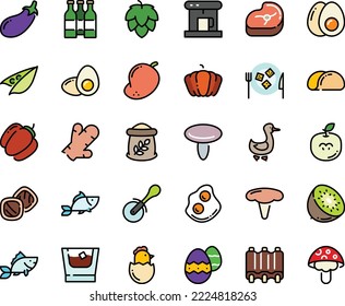 Fodd color icon set - fish, pizza roll knife, omelette, cheese plate, goose, coffe maker, meat, ribs, chick egg, eggs yolk, easter, whiskey, flour bag, tacos bread, cookies, beer bottle, hop, peas