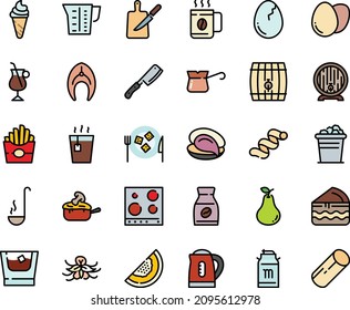 Fodd color icon set - french fries, hot tea, ice cream, oyster, milk tank, beer barrel, cheese plate, julienne, turkish coffee, instant, irish, fish steak, knife board, ladle, stove top view, chef