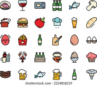 Fodd color icon set - french fries, fish, clam, oyster, lobster, chef hat, sausages, beer mug, burger, wine glass, cooking pan, knife board, microwave oven, egg, stand, timer, drinks, champagne, box