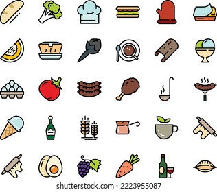 Fodd color icon set - green tea, sandwich, fried chiken leg, lunch box, ice cream, grape, wine, sausages, sausage on fork, spike, pate can, champagne, coffee top view, turkish, chef hat, rolling pin