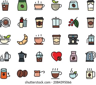 Fodd color icon set - hot cup, coffee to go, green tea, croissant, iced, french press, mill, top view, pot, turkish, tree, instant, love, machine, pack, beans, capsule, kettle, drinks, thermo flask
