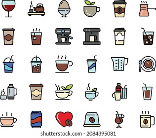Fodd color icon set - hot cup, coffee to go, green tea, drink, ceremony, wine glass, cocktail, coffe maker, iced, top view, irish, love, machine, capsule, beaker, egg stand, drinks, turkish, soda