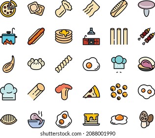 Fodd color icon set - hot dog, pizza piece, dim sum, octopus soup, oyster, chef hat, ravioli, omelette, pancakes, kebab, kitchen, cooking, pancake, cardamon, black pepper, orecchiette, bucatini