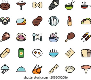 Fodd Color Icon Set - Hot Bowl, Plate Spoon Fork, Dish Dome, Tacos, Fried Chiken Leg, Rice, Dim Sum, Octopus Soup, Oyster, Sushi Roll, Kebab, Temaki, Sausage On, Ham, Pate Can, Chicken, French Dog