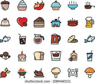 Fodd color icon set - Hot Bowl, plate spoon fork, cupcake, bread, pepper, drink to go, fish, chinese chicken, lemoncello, panna cotta, beer mug, acorn, coffee love, roasted sausages, bbq, pan, pot